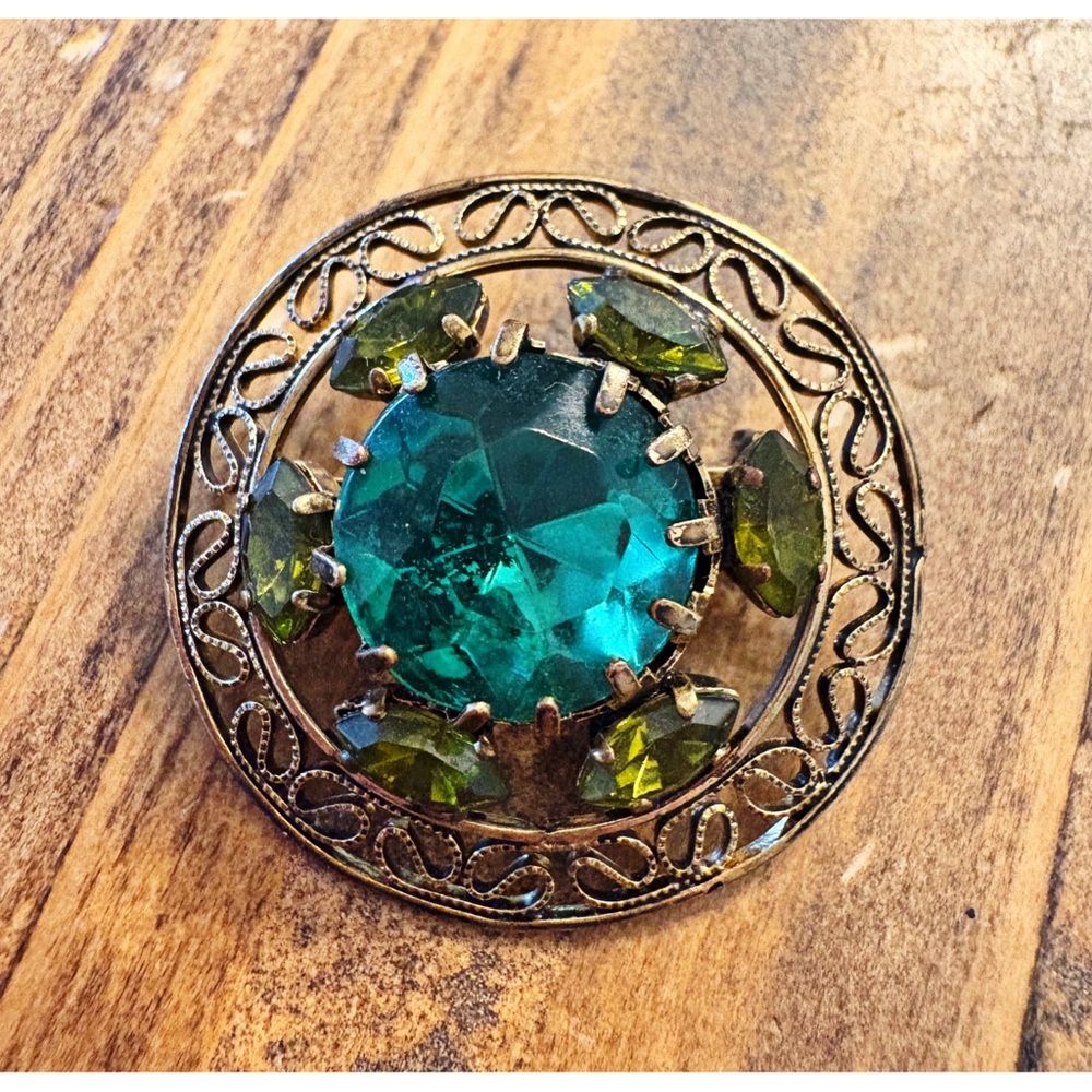 Vintage West Germany Green Rhinestone Brooch Gold Tone Filigree WE Germany